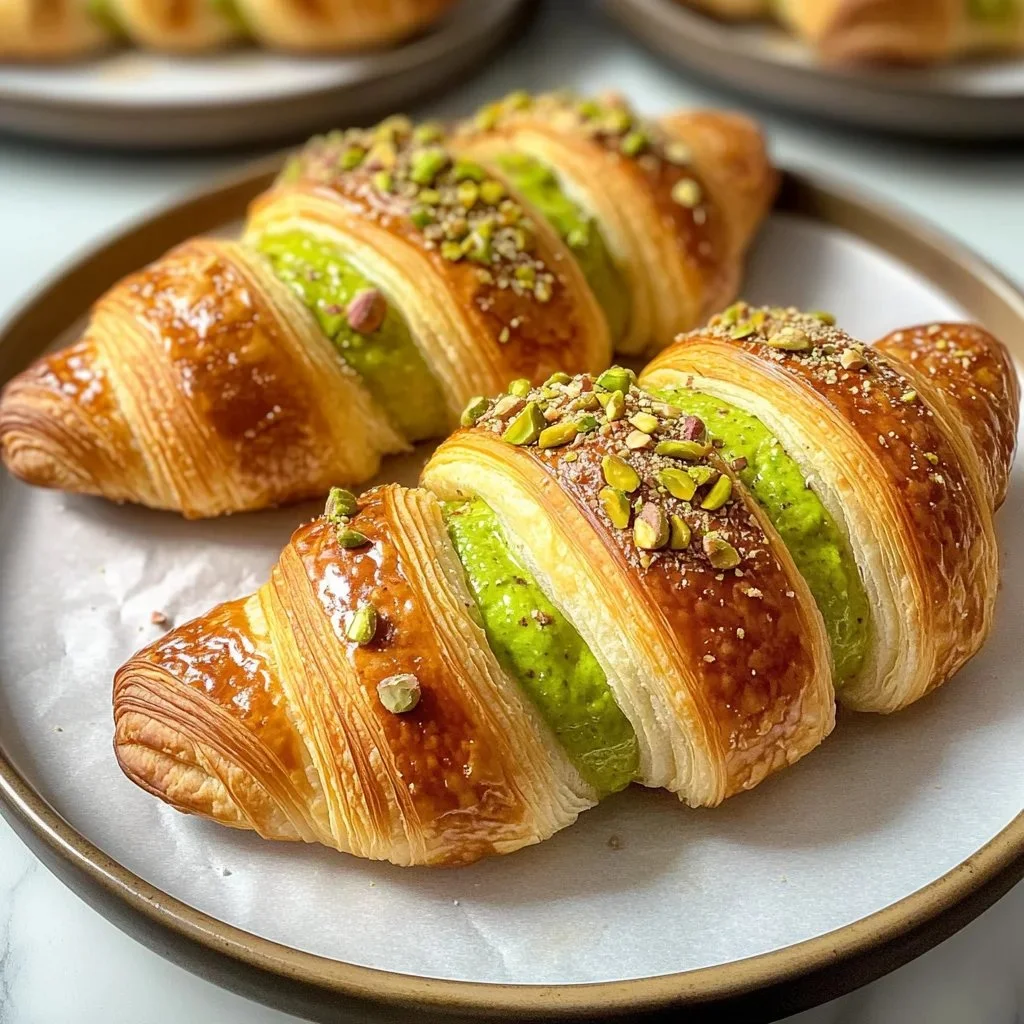 Golden pistachio croissants on a plate, highlighting their flaky texture and nutty filling