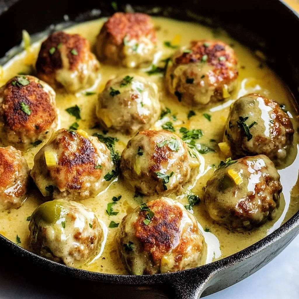Greek chicken meatballs served in a creamy lemon sauce on a plate.