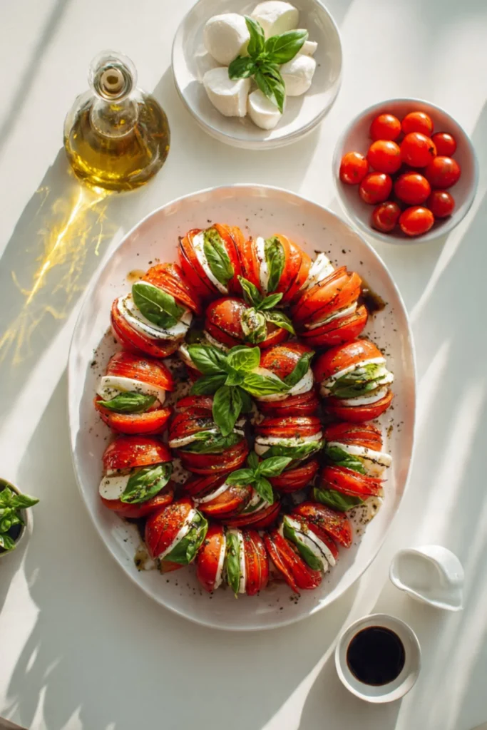 A beautiful Hasselback Caprese salad with fresh tomatoes and mozzarella