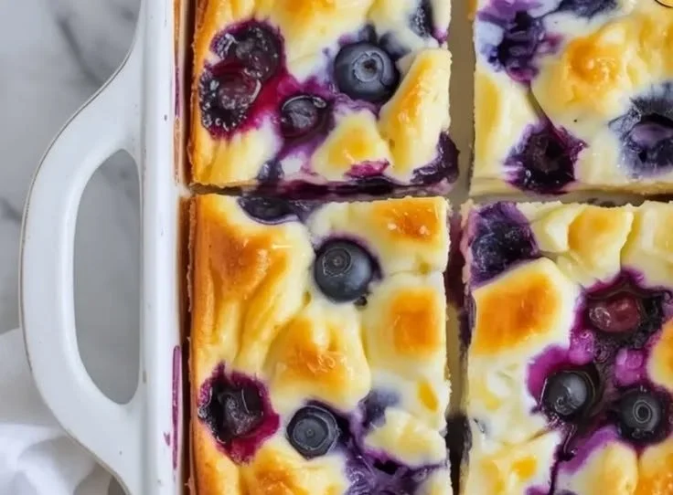 High Protein Blueberry Cottage Cheese Breakfast Bake in a baking dish