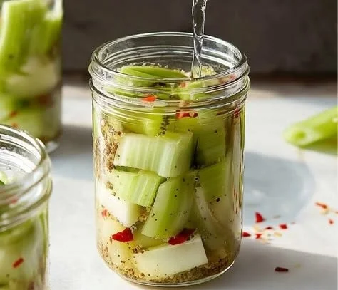 A jar of homemade pickled celery with spices and herbs, ready to enjoy.