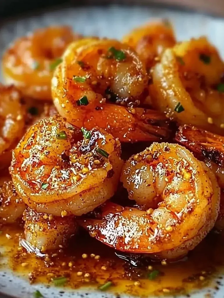 Hot honey fried shrimp served on a plate with garnishes.