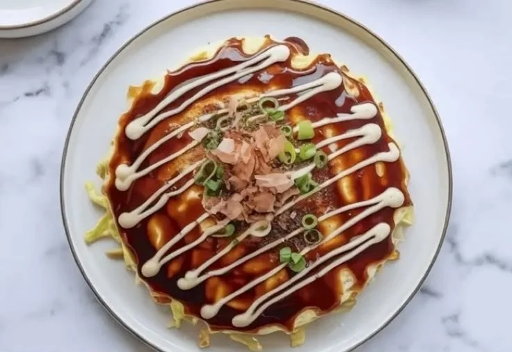 Japanese cabbage pancake served with dipping sauce and green onions