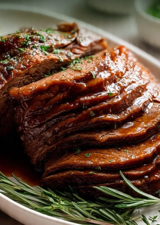 Juicy spiral beef roast served with herbs and spices