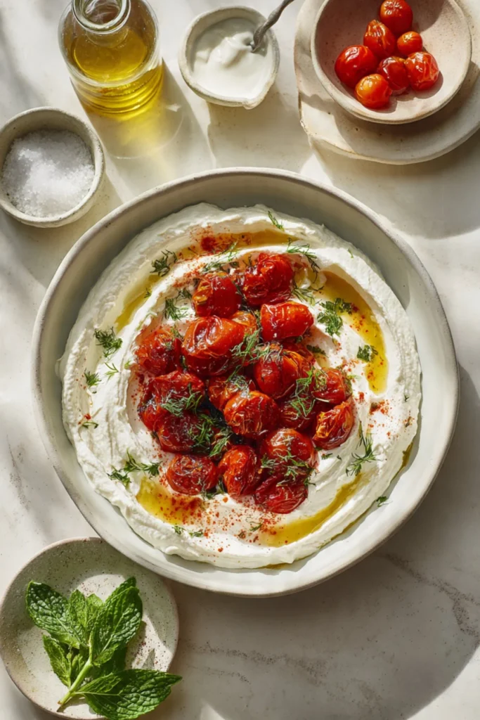 Delicious Labneh topped with sizzled tomatoes, a perfect appetizer.