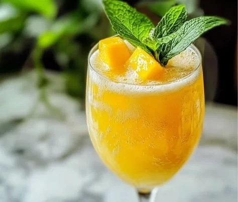 Delicious Mango Limoncello Mocktail served in a glass with garnishes.