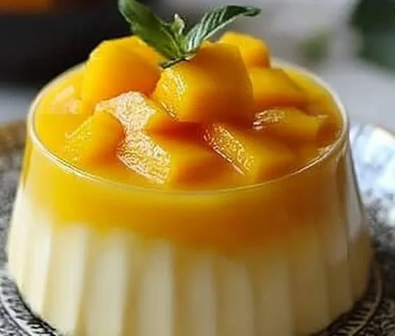 Delicious mango pudding served in a clear bowl with fresh mango slices on top.