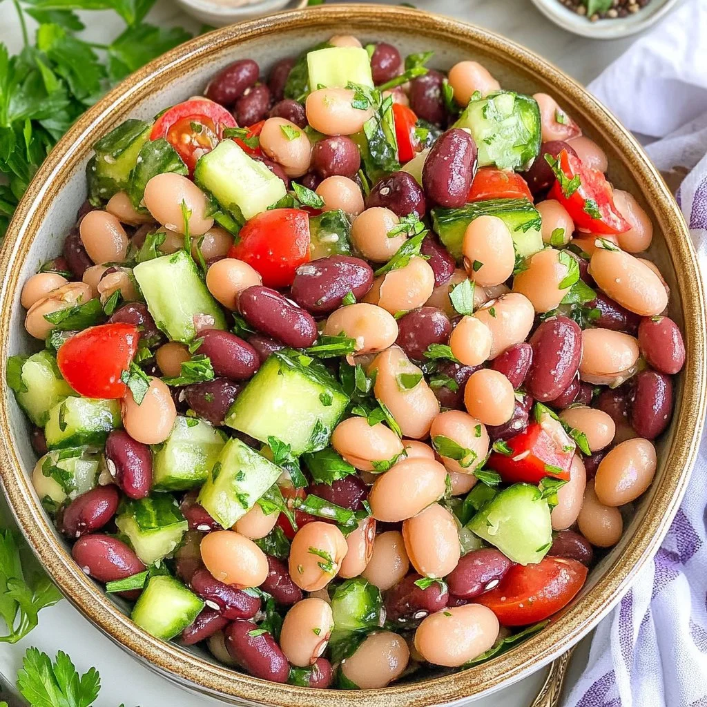 Mediterranean Bean Salad with colorful beans, vegetables, and vinaigrette dressing