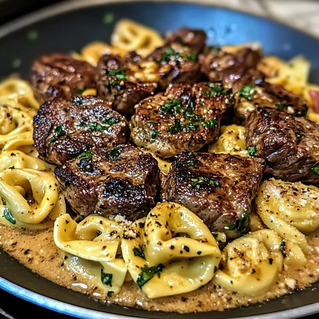 One-pan Cowboy Butter Tortellini with steak bites served in a skillet.