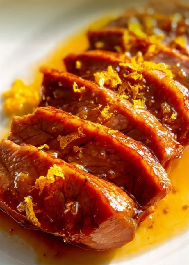Delicious orange glazed beef served with fresh vegetables on a plate.