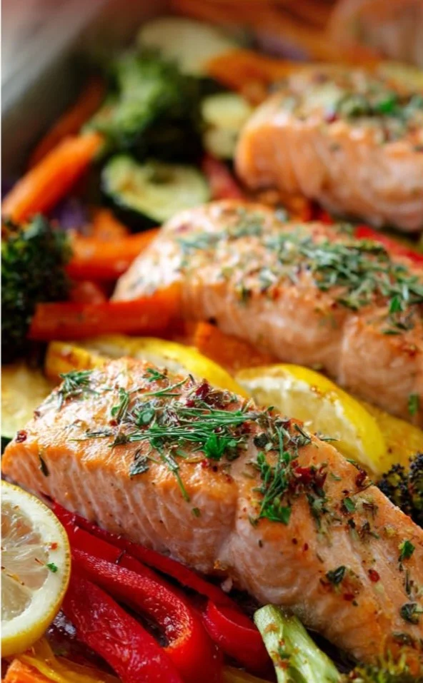 Oven baked salmon served with colorful roasted vegetables on a plate