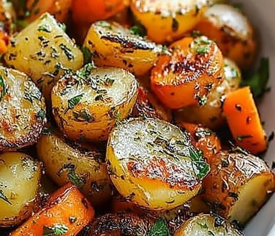 Oven-roasted garlic vegetables served on a plate with vibrant colors.