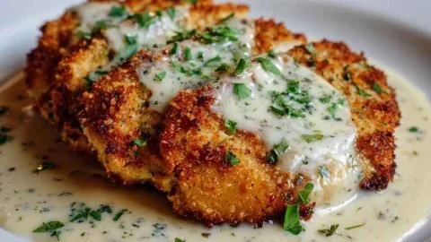 Delicious Parmesan Crusted Chicken served with creamy garlic sauce