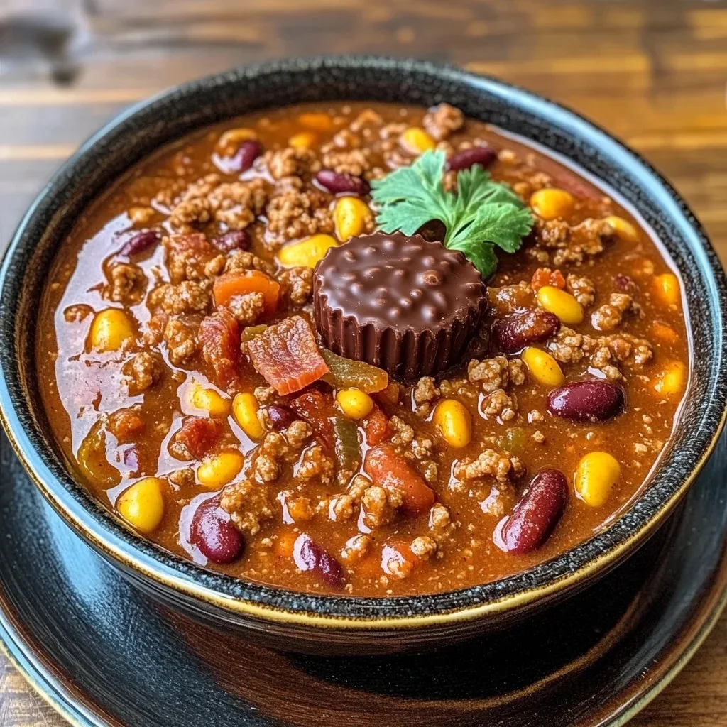 Delicious bowl of Reese's Peanut Butter Cup Chili topped with garnishes