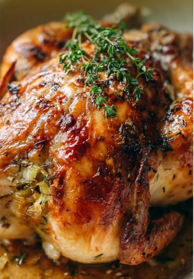 Roasted chicken stuffed with celery, showcasing a golden-brown dish ready to serve.