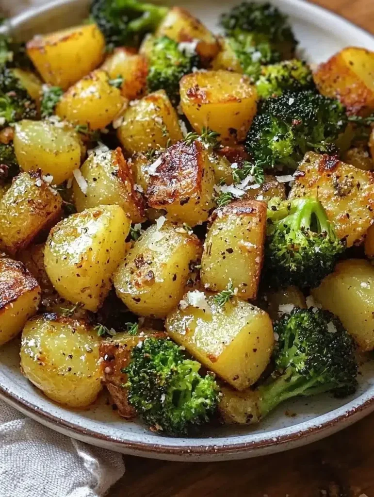 A plate of roasted potatoes and broccoli topped with Parmesan cheese