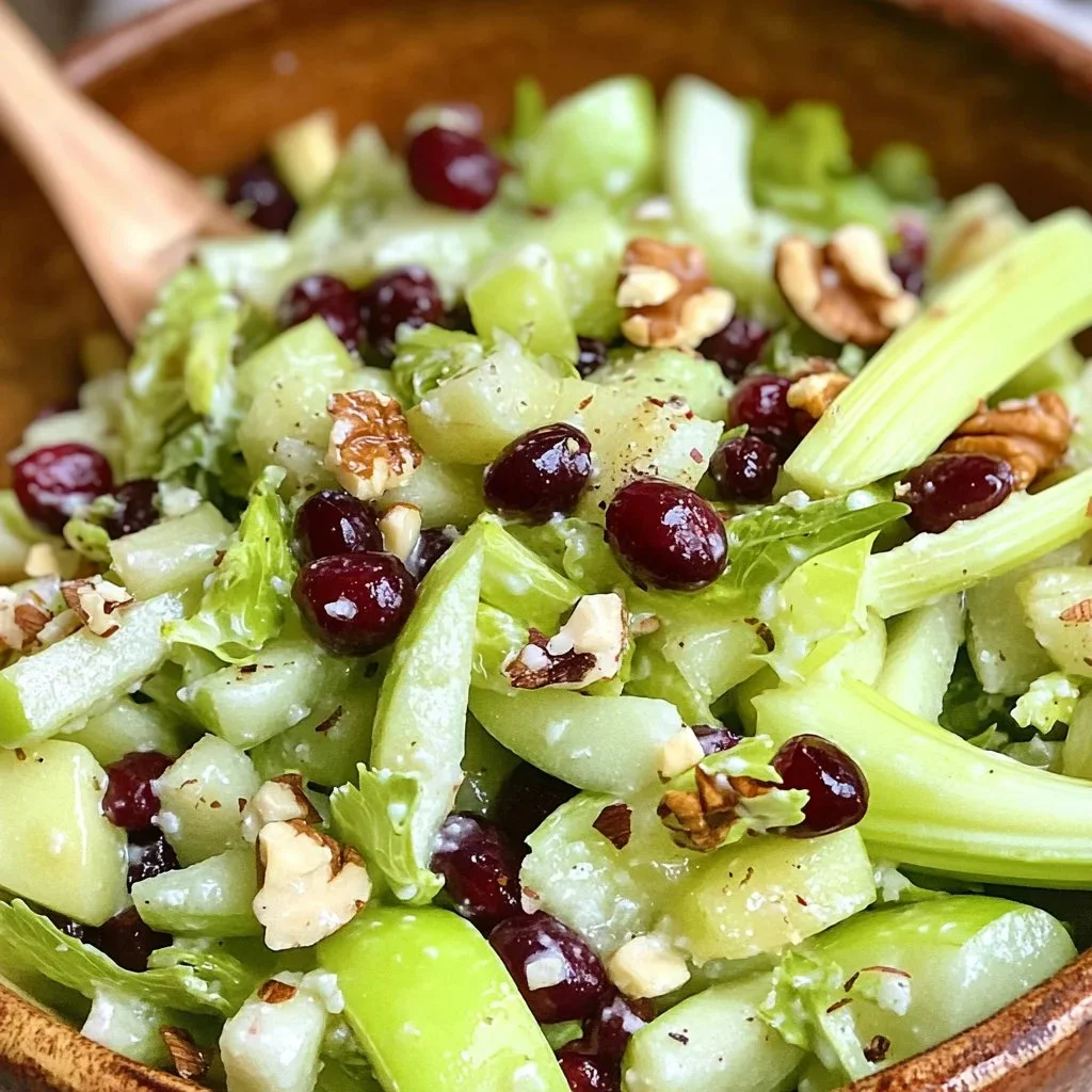 Fresh celery salad with apples and nuts, inspired by Waldorf salad recipe.
