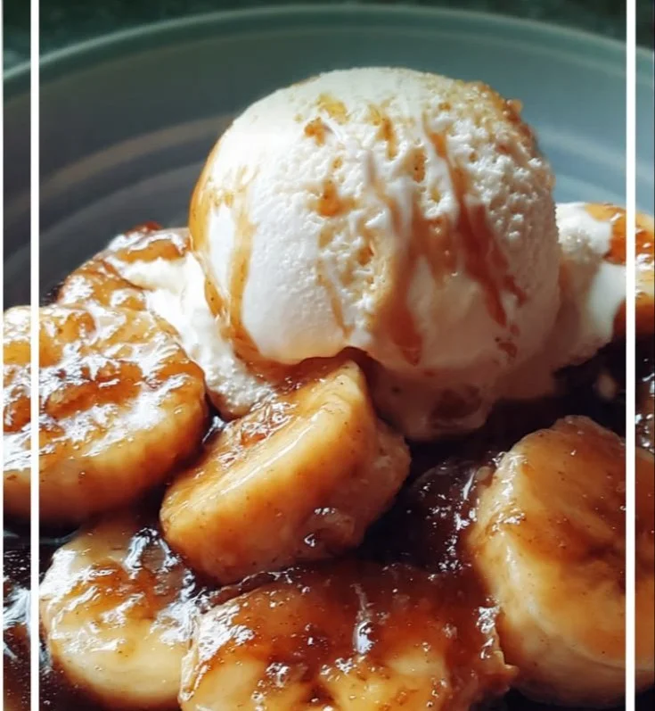 Delicious slow-cooked Bananas Foster served with ice cream and caramel sauce