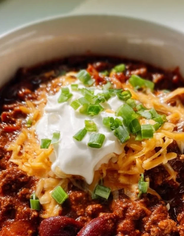 Delicious slow cooker chili served in a bowl garnished with fresh herbs