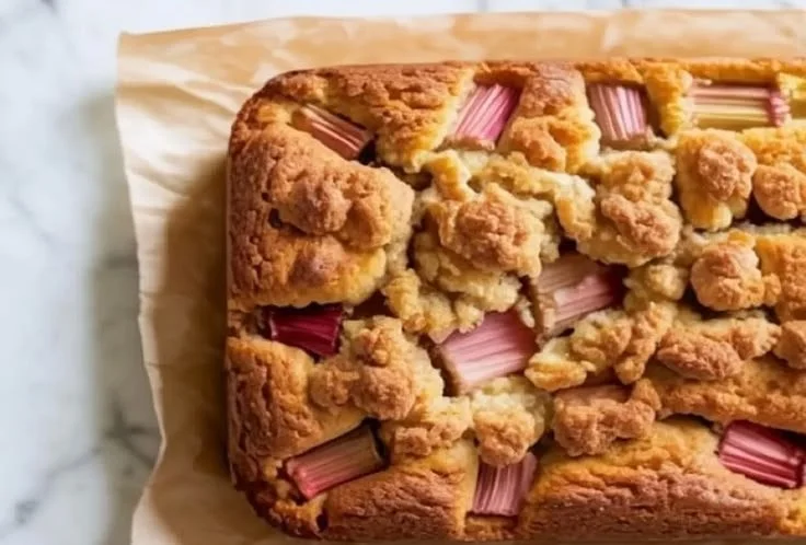 Sour Cream Rhubarb Coffee Cake served on a plate with coffee