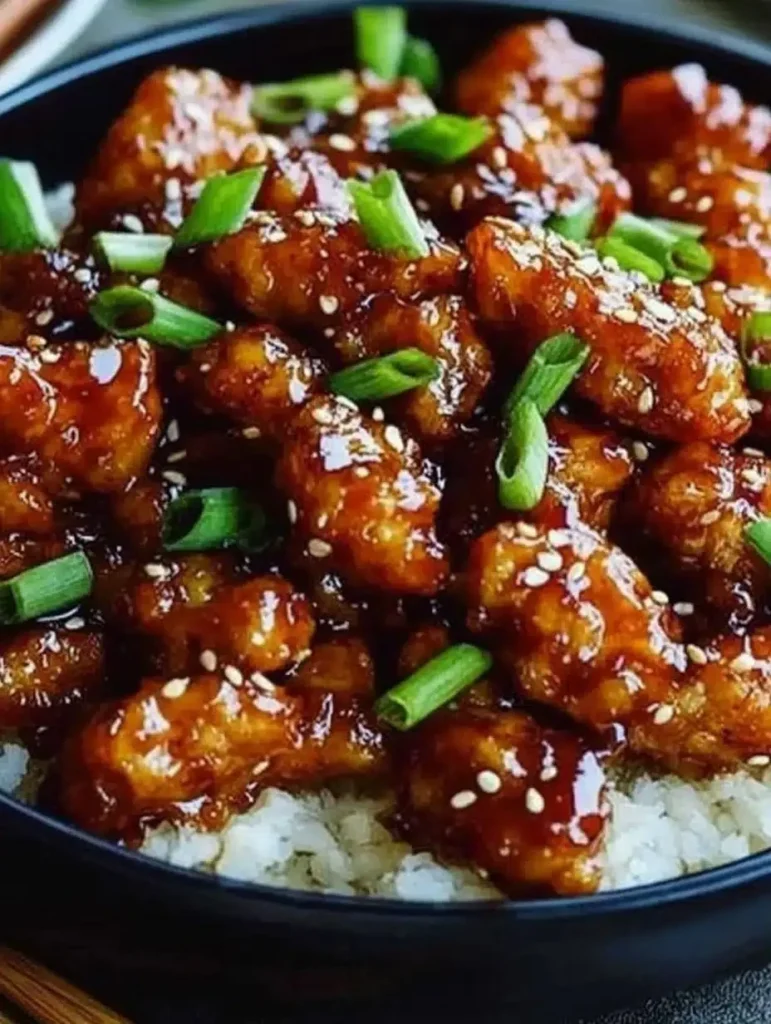 Delicious spicy dragon chicken dish garnished with herbs and chilies.