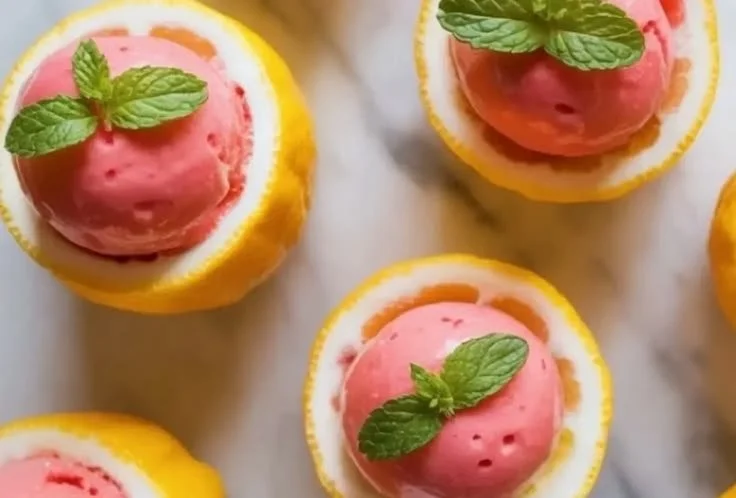 A bowl of vibrant strawberry lemon mint sorbet topped with fresh mint leaves.