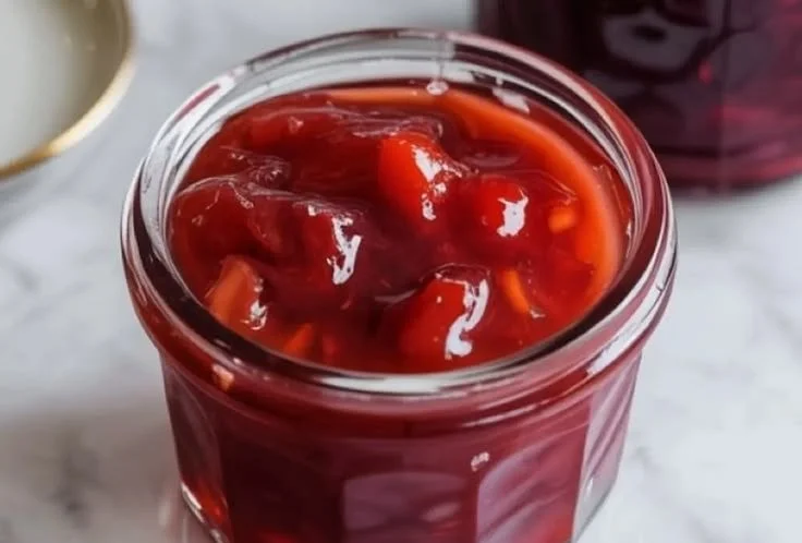 Homemade Strawberry Rhubarb Jam in a jar with fresh strawberries and rhubarb.
