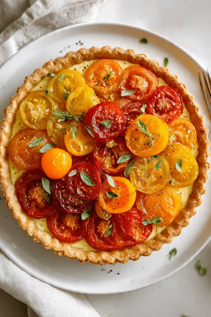 Delicious Sungold and Heirloom Tomato Tart with fresh ingredients