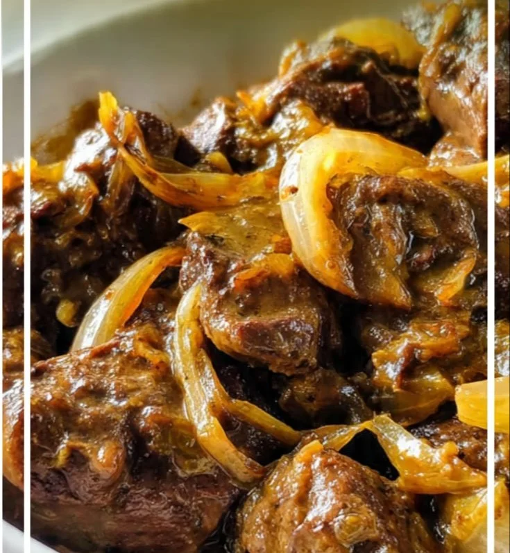 Tender chicken livers with caramelized onions on a plate
