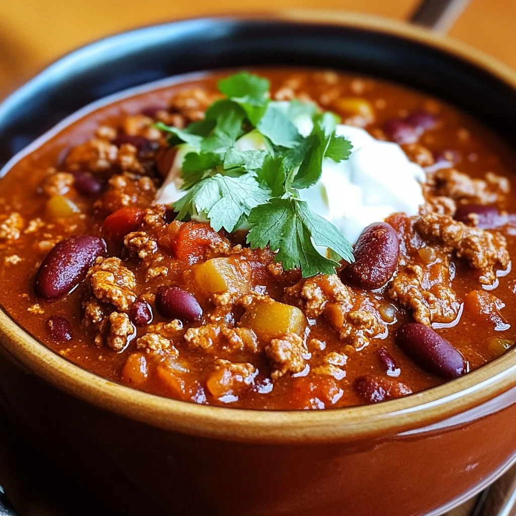 Bowl of The Pioneer Woman Chili garnished with herbs and served with bread
