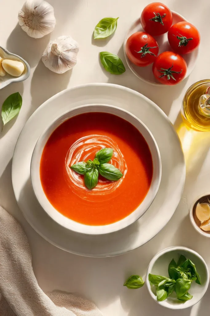 A warm bowl of delicious homemade tomato soup with fresh basil garnish