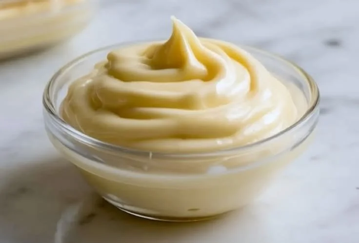 Delicious vanilla pastry cream in a bowl, ideal for desserts and pastries.