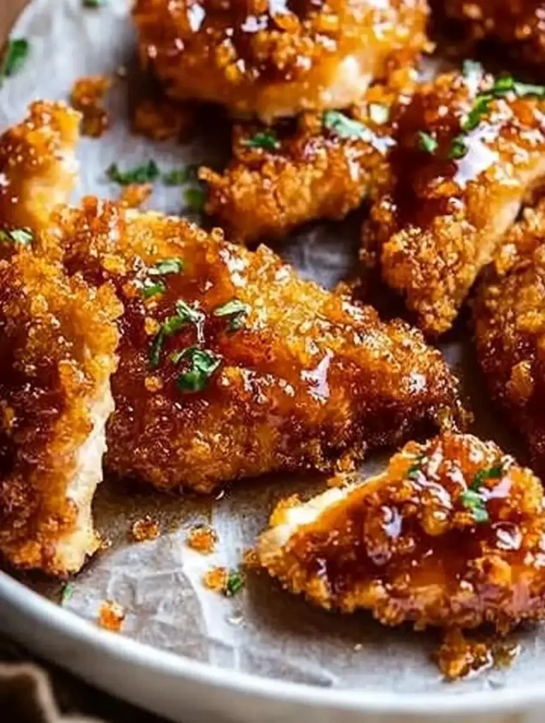 Plate of baked crunchy hot honey chicken garnished with herbs