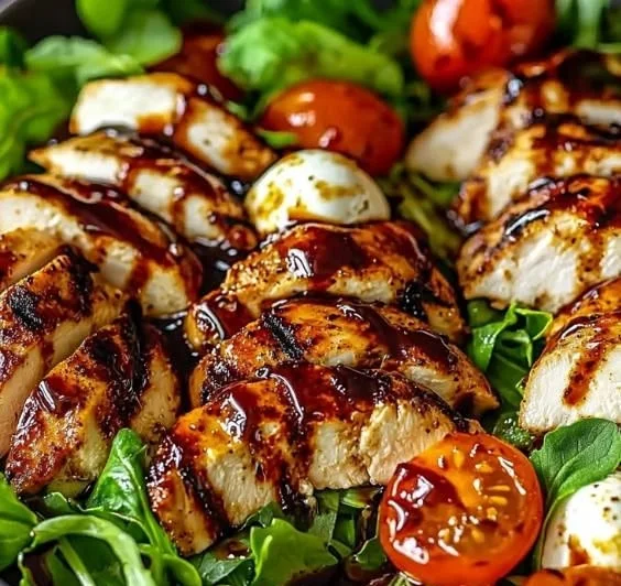 Baked Marinated Chicken Salad with fresh vegetables and herbs