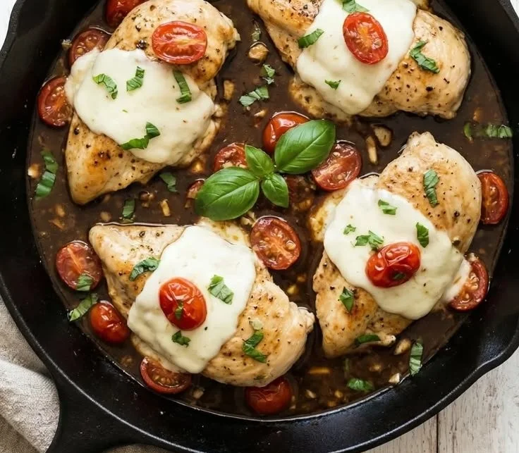 Balsamic Chicken Skillet served with fresh herbs and vegetables