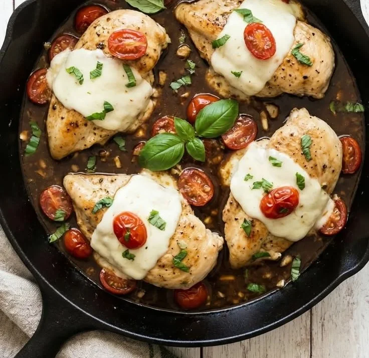 Balsamic Chicken Skillet with fresh herbs and vegetables in a frying pan