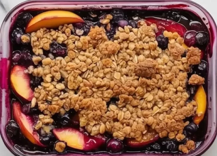 Delicious Blueberry Peach Crisp topped with oats and served in a bowl