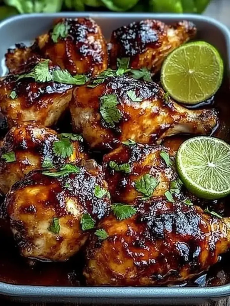 Grilled chili lime chicken garnished with fresh cilantro and lime wedges