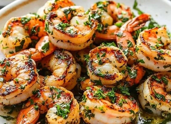 Plate of flavorful chimichurri shrimp garnished with fresh herbs