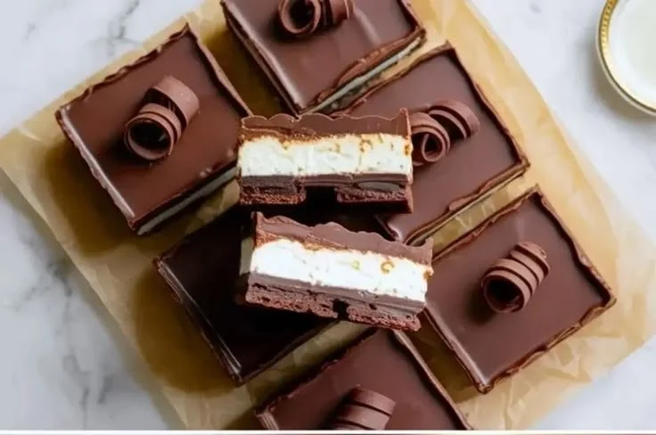 Delicious Chocolate Vanilla Cream Pie Bars topped with cream and chocolate drizzle.