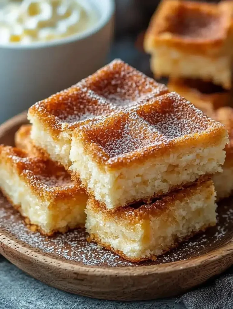 Churro cheesecake bars topped with cinnamon and sugar on a plate