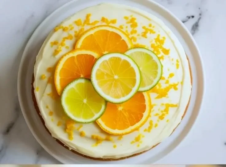 Sliced Citrus Sour Cream Cake with lemon and orange zest, garnished with fruit.
