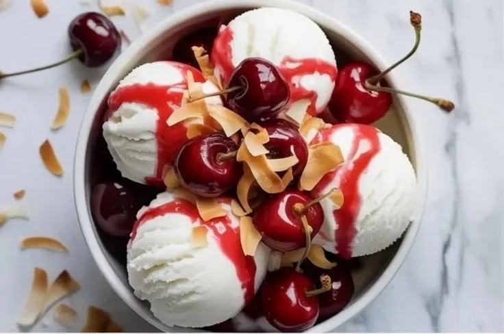 Creamy coconut ice cream drizzled with cherry sauce in a bowl.