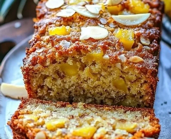 Loaf of Coconut Pineapple Banana Bread fresh out of the oven