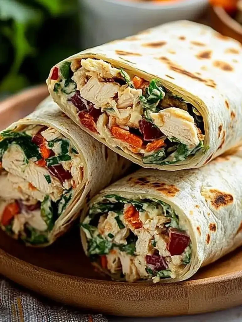 Creamy chicken salad wrap filled with fresh ingredients in a tortilla