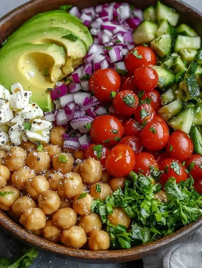 Creamy chickpea feta avocado salad on a plate with fresh ingredients