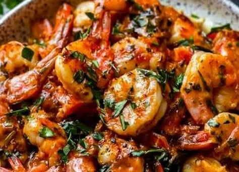 Creamy Garlic-Paprika Shrimp Skillet served in a pan with fresh herbs
