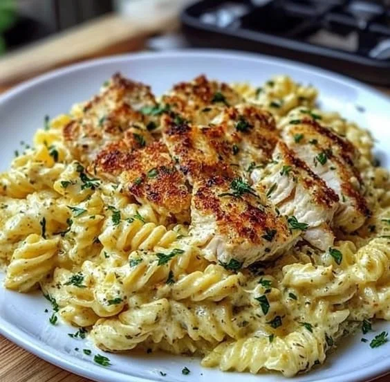 Creamy Garlic Parmesan Chicken Pasta dish topped with parsley.