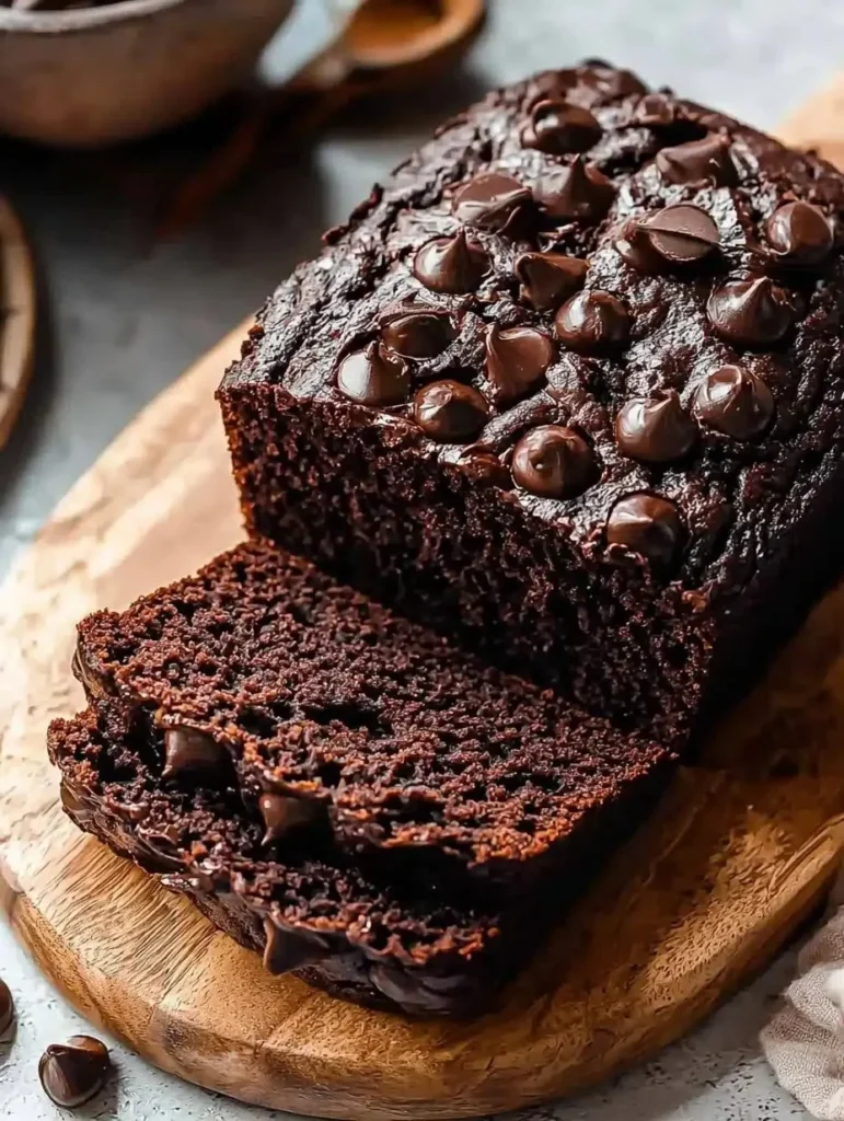 Delicious double chocolate banana bread baked with ripe bananas and rich cocoa
