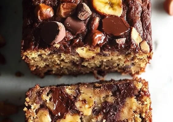 Flourless banana bread with dark chocolate and peanut butter cups on a wooden table
